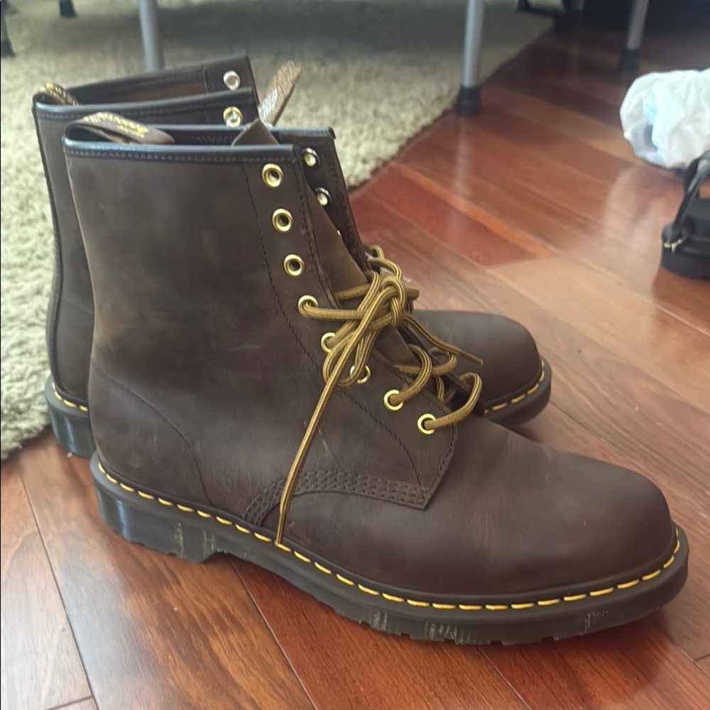 Dr. Martens Chocolate Leather Boots with Yellow Stitching